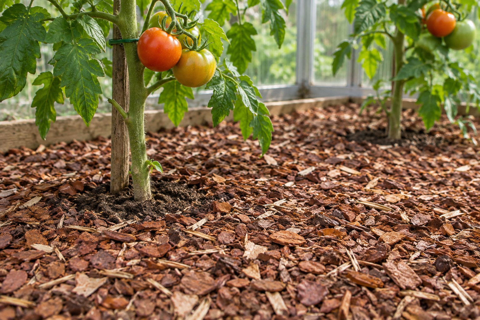 Peen männikoor tomatitaimede ümber